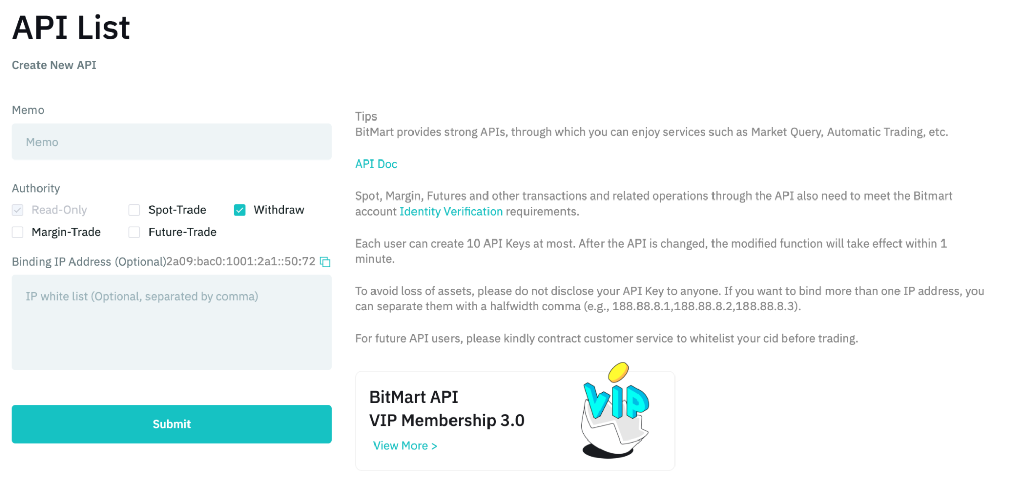 The Create New API page