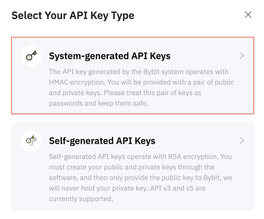 The Select Your API Key Type dialog