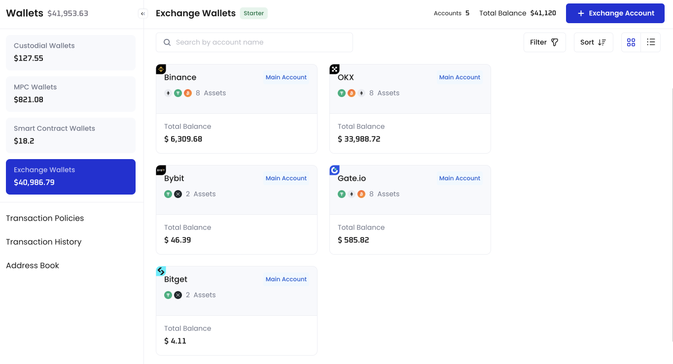 Screenshot of exchange wallet overview page