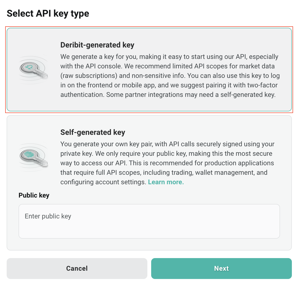 The Select API key type dialog