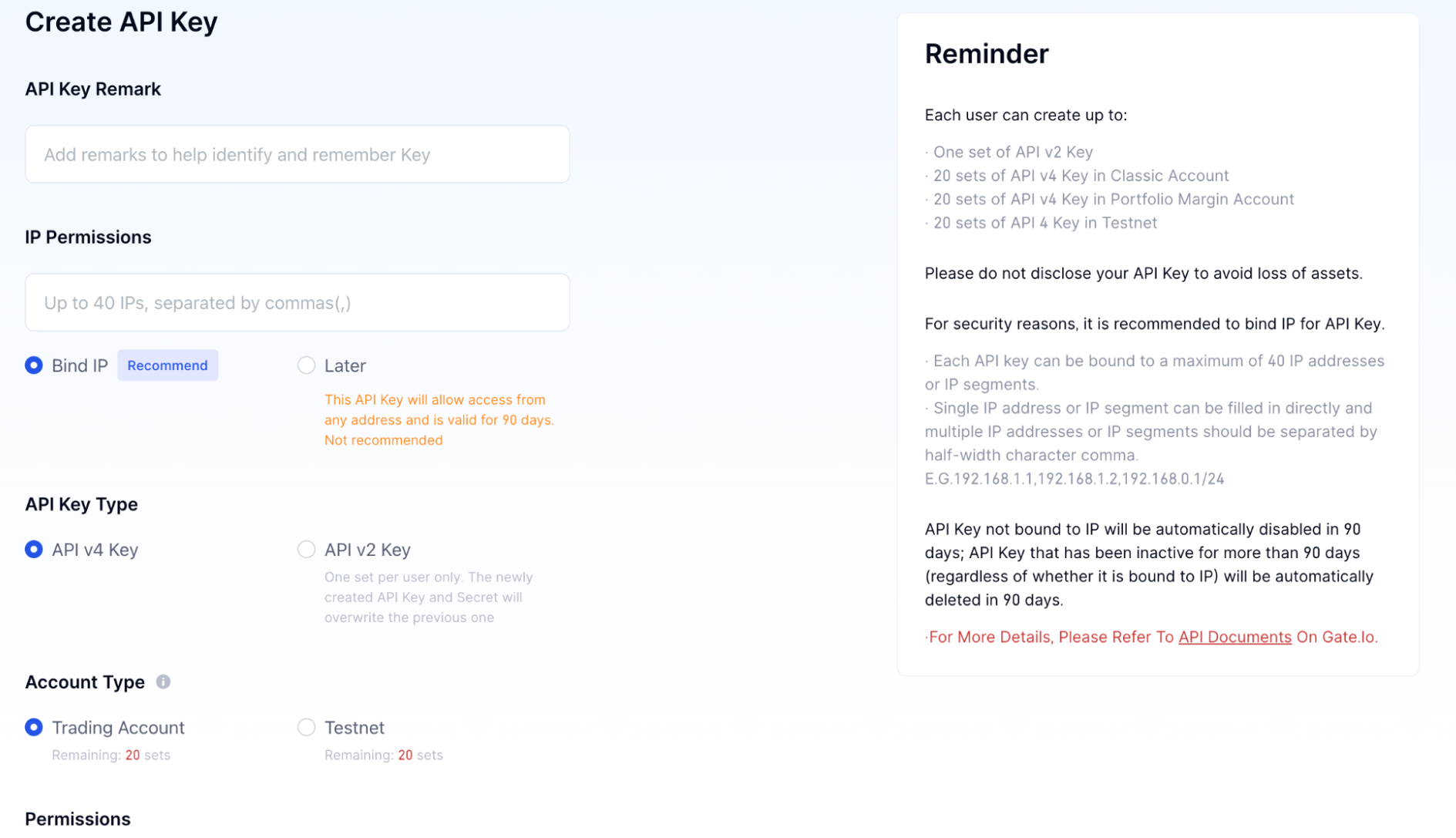 The Create API Key page