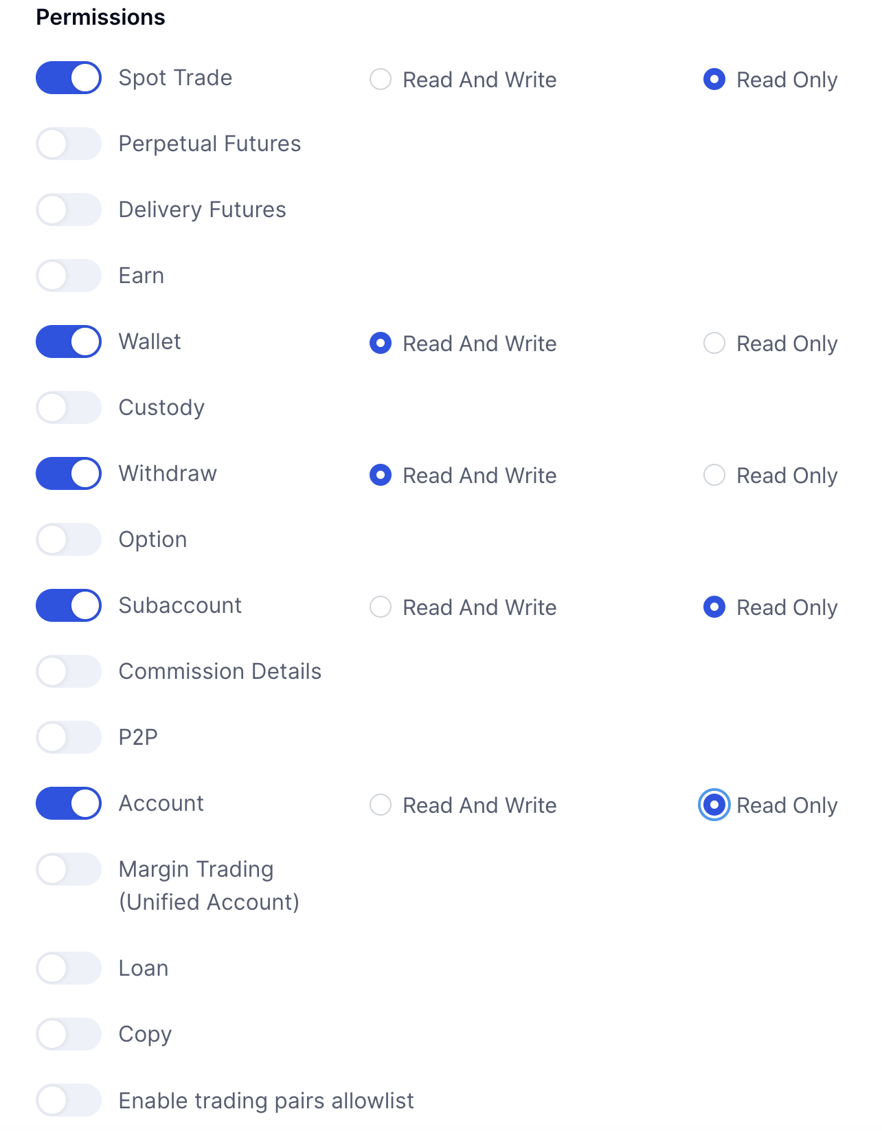 The permissions options