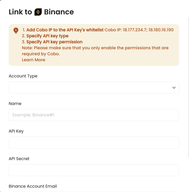 The dialog of linking exchange account