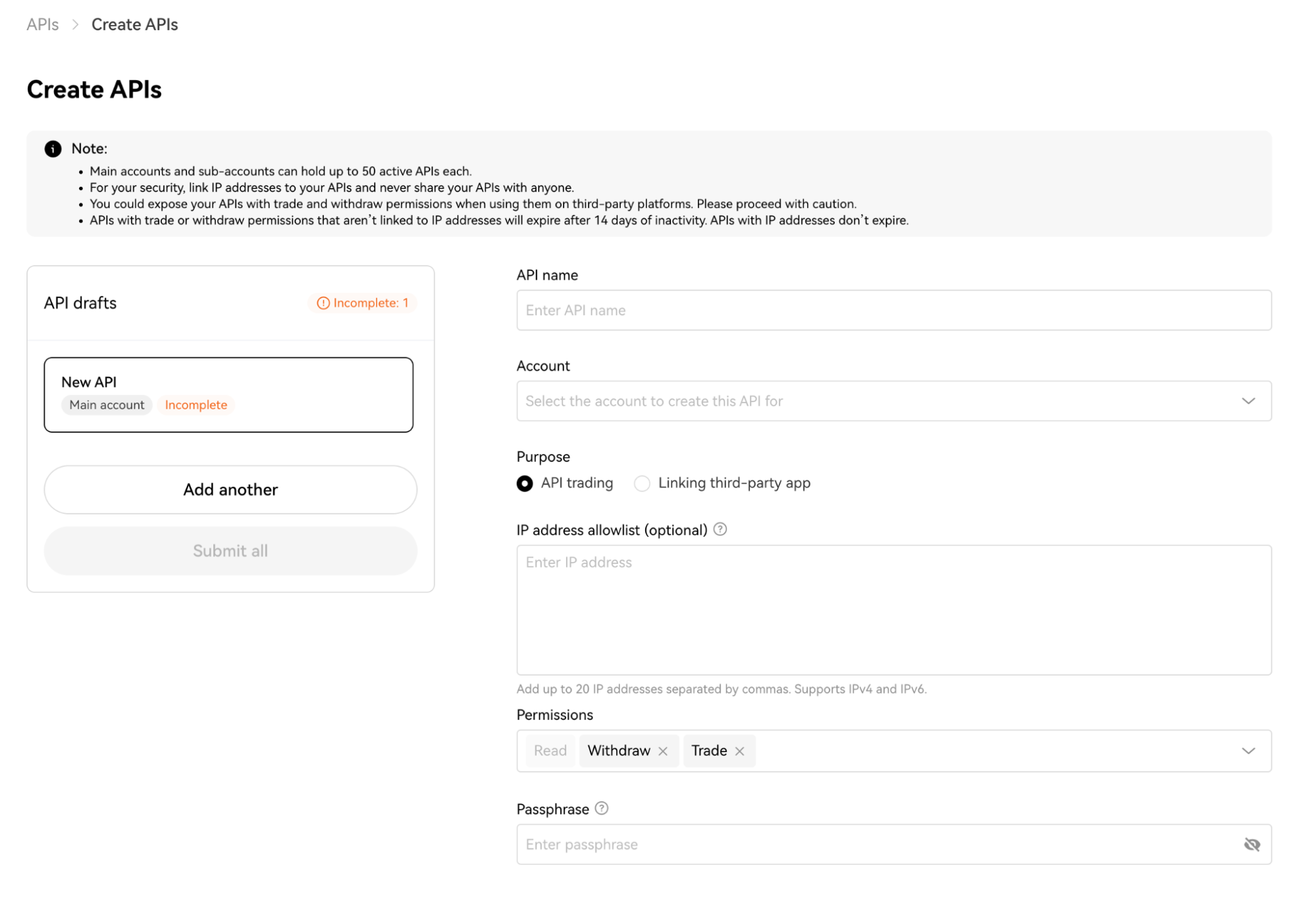 The Create APIs page