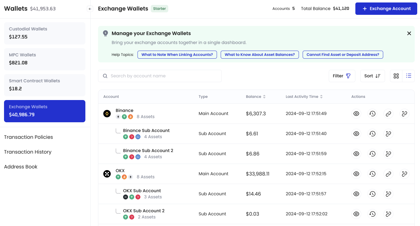 The Exchange Wallets dashboard