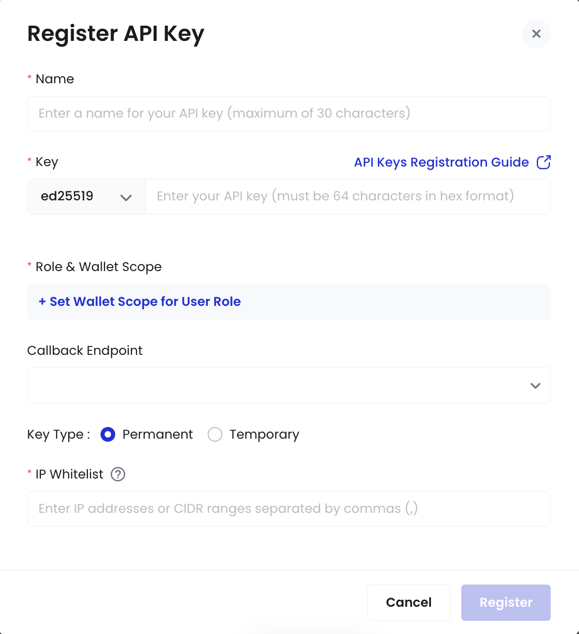 The Register API key dialog