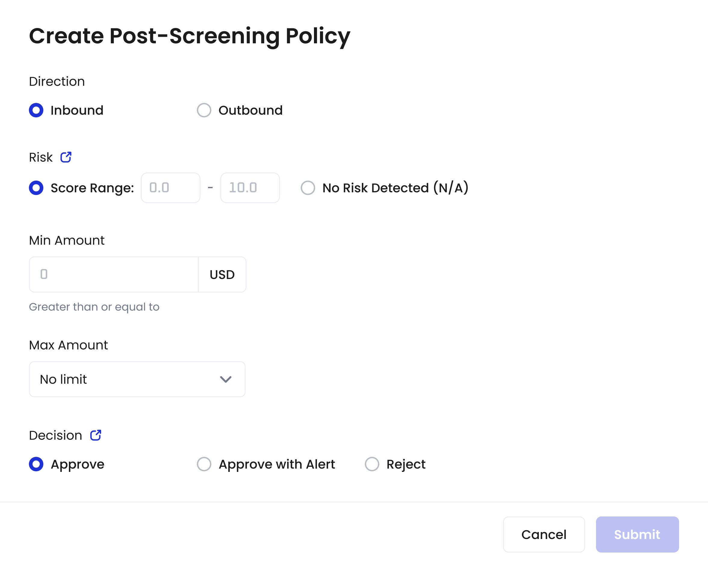Create Post-Screening Policy dialog when using Elliptic