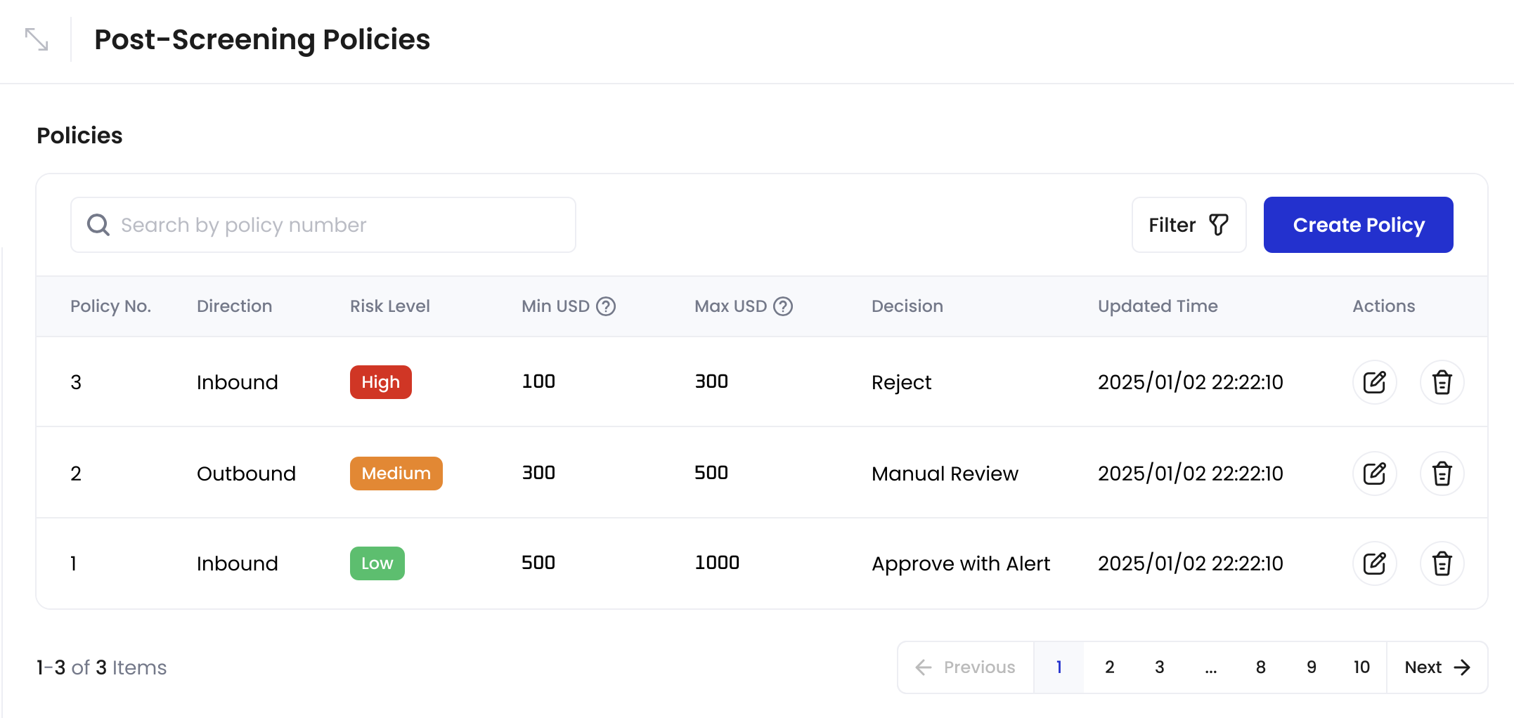 Manage Post-Screening Policies interface showing list of policies with edit and delete options