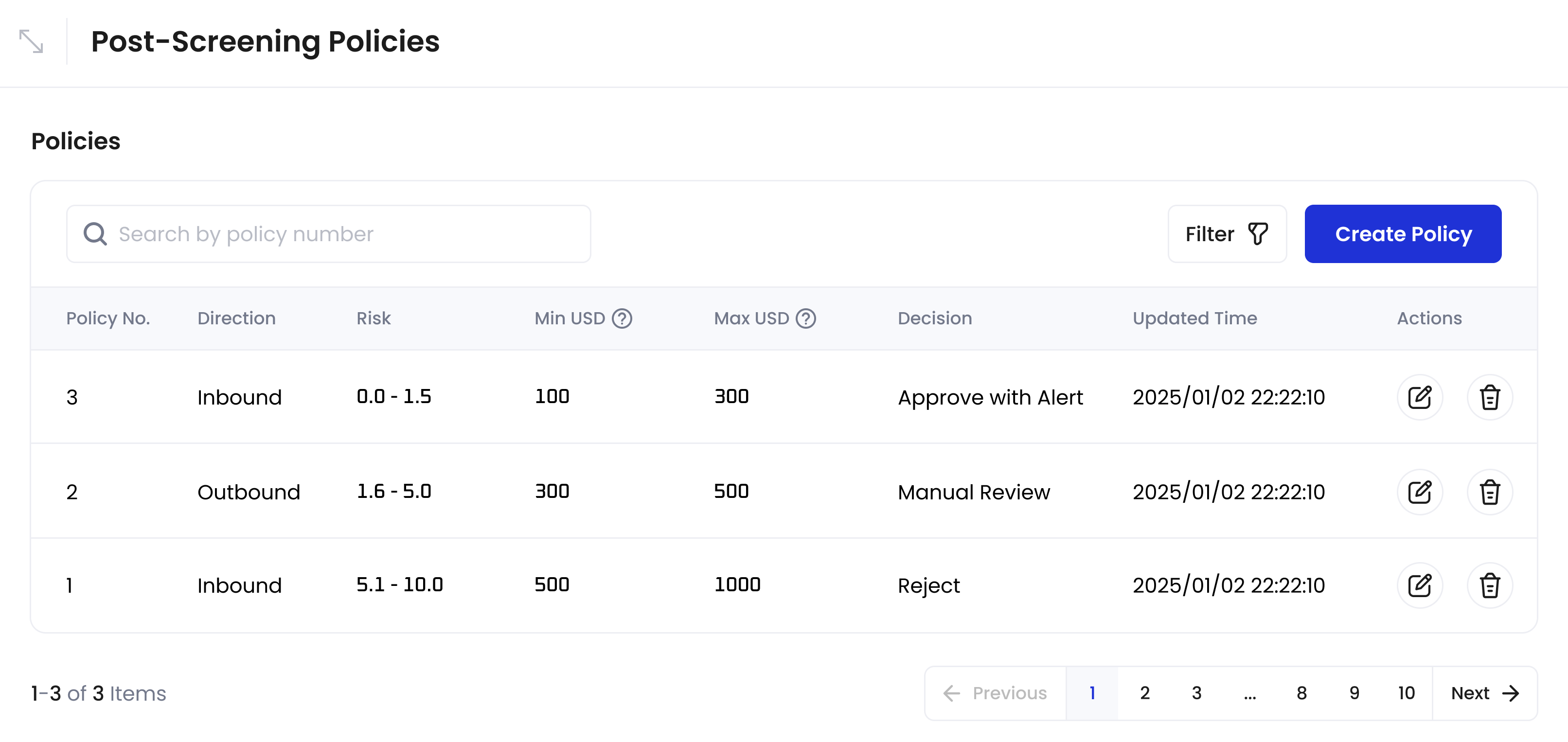 Manage Post-Screening Policies interface showing list of policies with edit and delete options