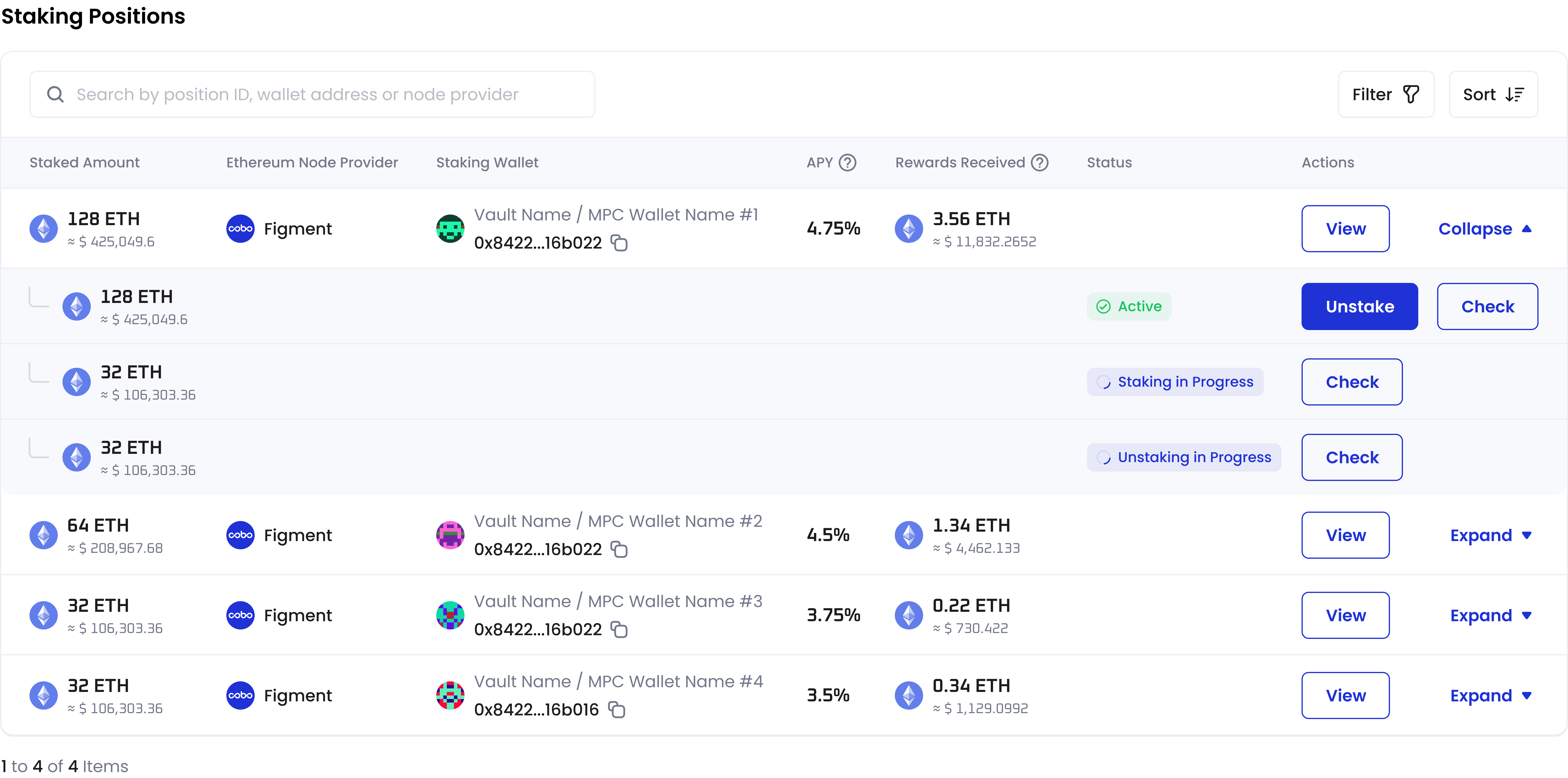 Staking positions section