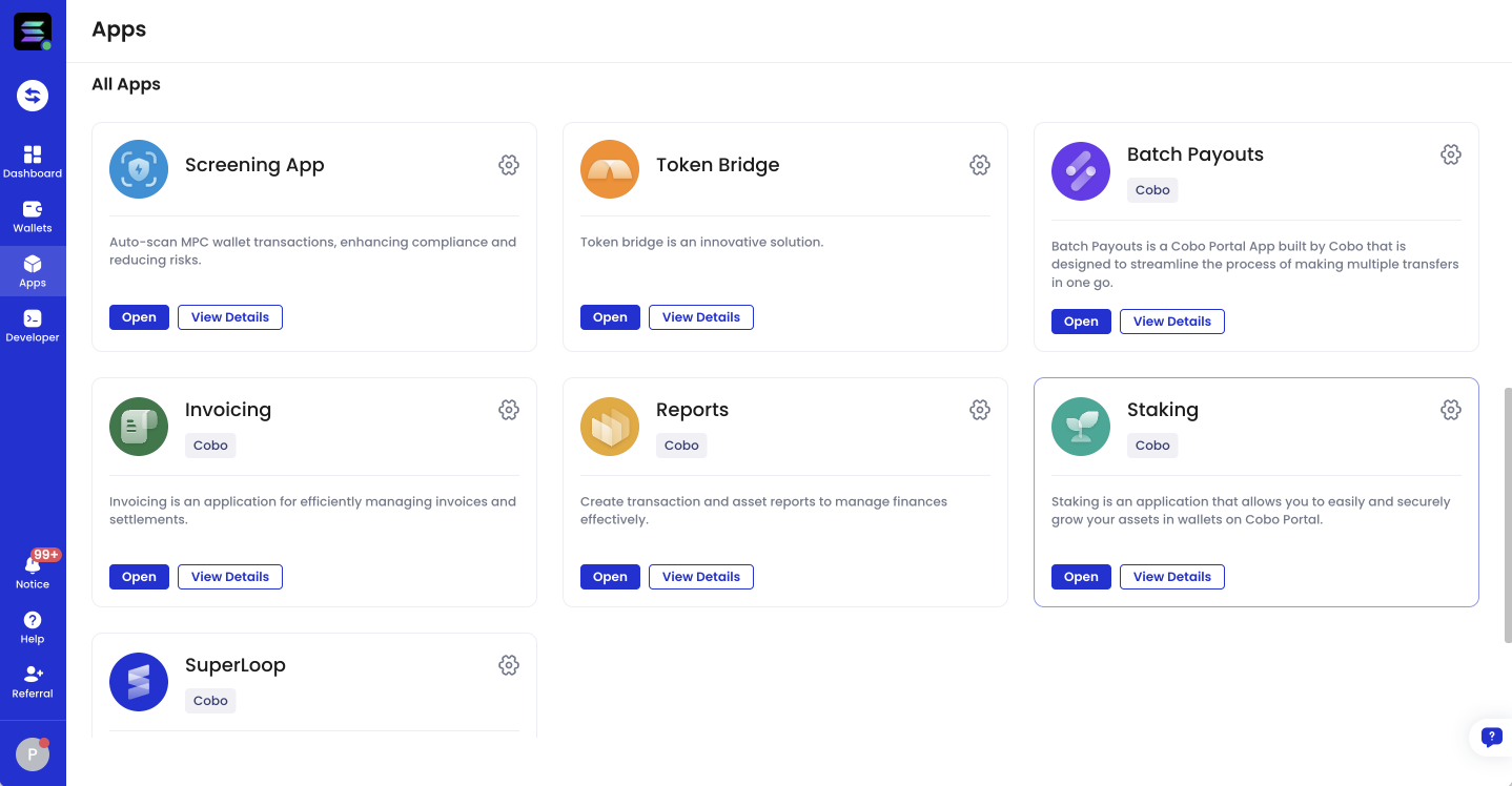 Image showing Staking as a Cobo Portal App.