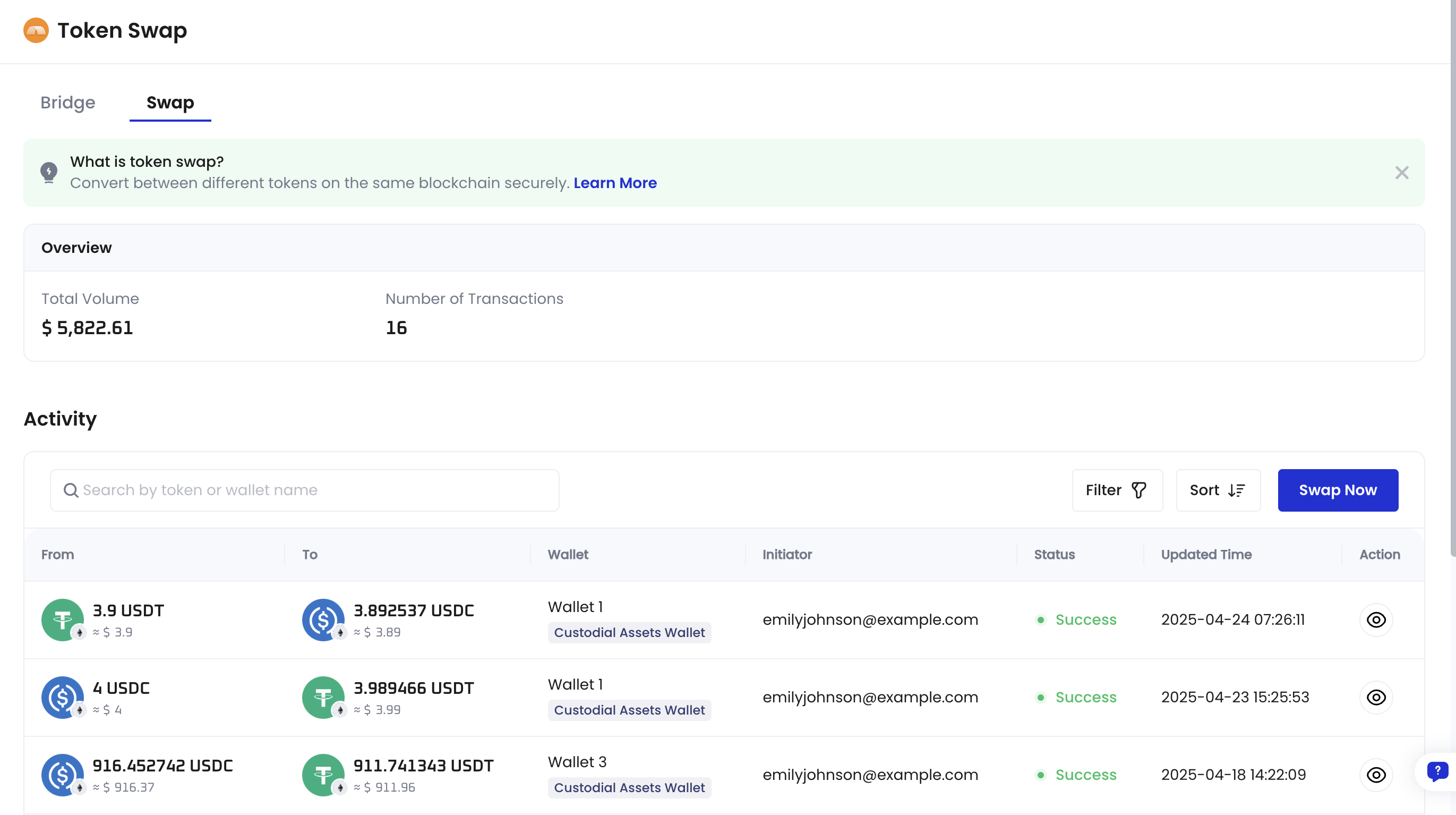 Image showing the Activity tab of the Token Swap app.