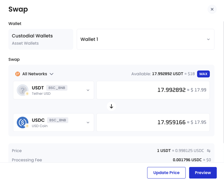 Image showing the Activity tab of the Token Swap app.