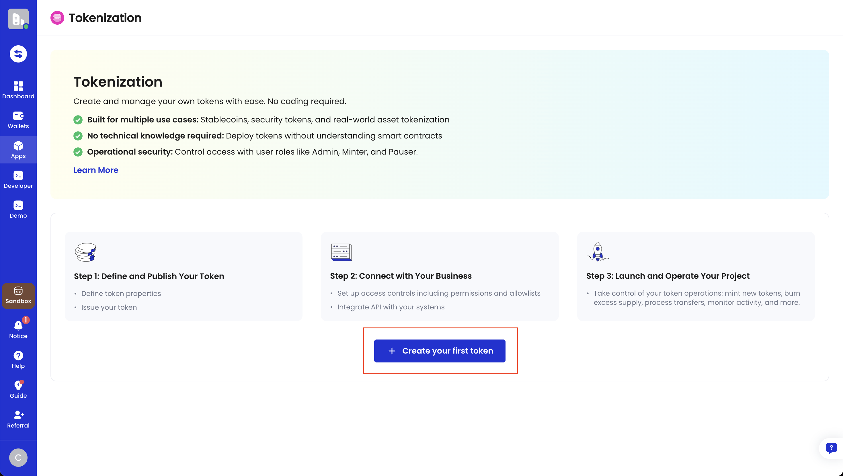 click create your first token