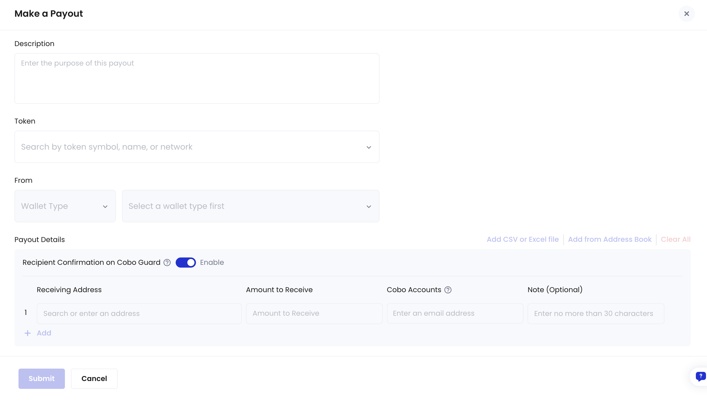 Screenshot of the Make a Payout page