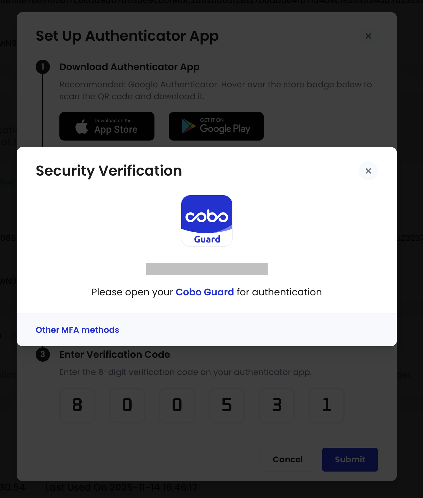 使用 Cobo Guard 重置的屏幕截图