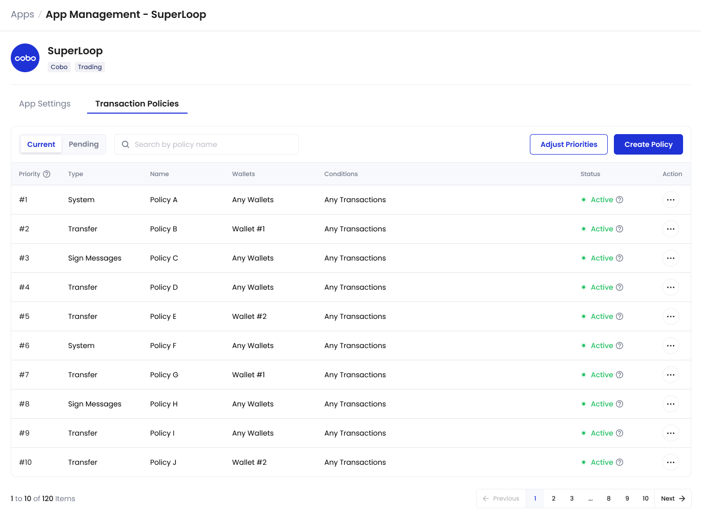 The Transaction Policies page