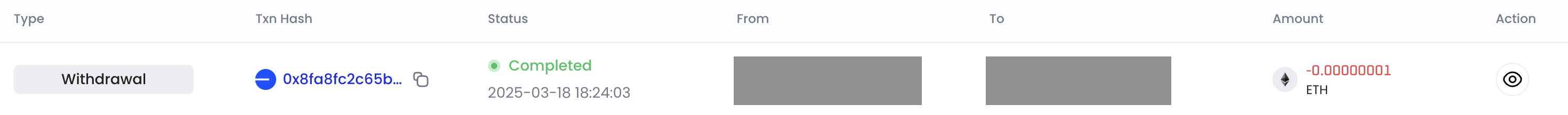 Screenshot of the transaction history