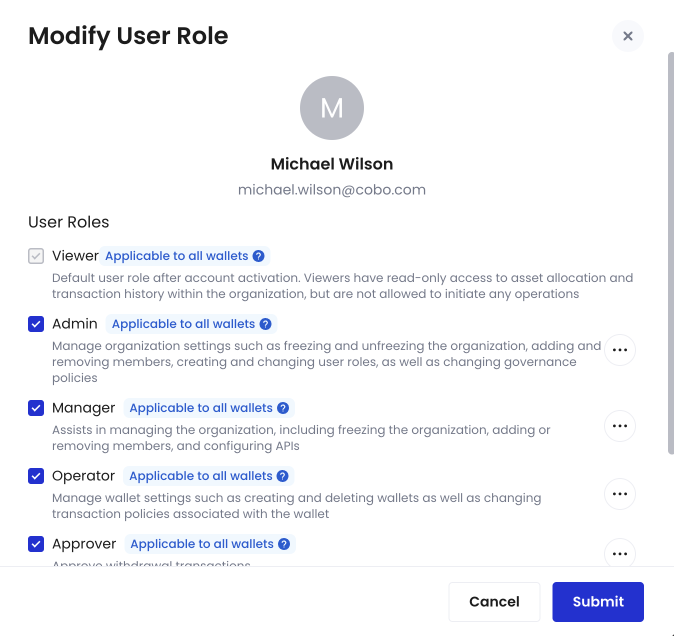 The Modify User Role dialog