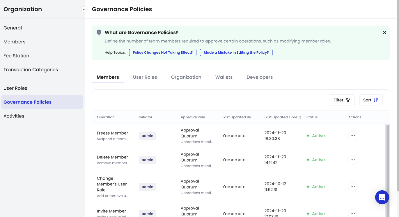 The Governance Policies tab
