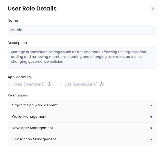 The User Role Details dialog