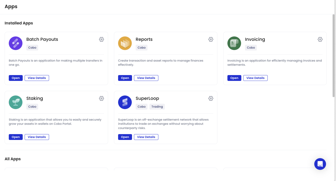 Screenshot of Cobo Portal Apps