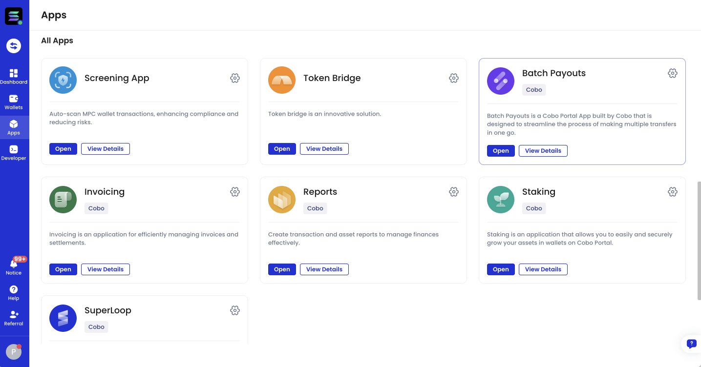 Image showing Batch Payouts as a Cobo Portal App.
