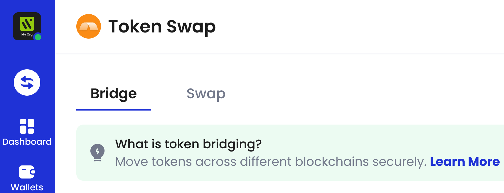 Image showing the Bridge feature of the Token Swap app.
