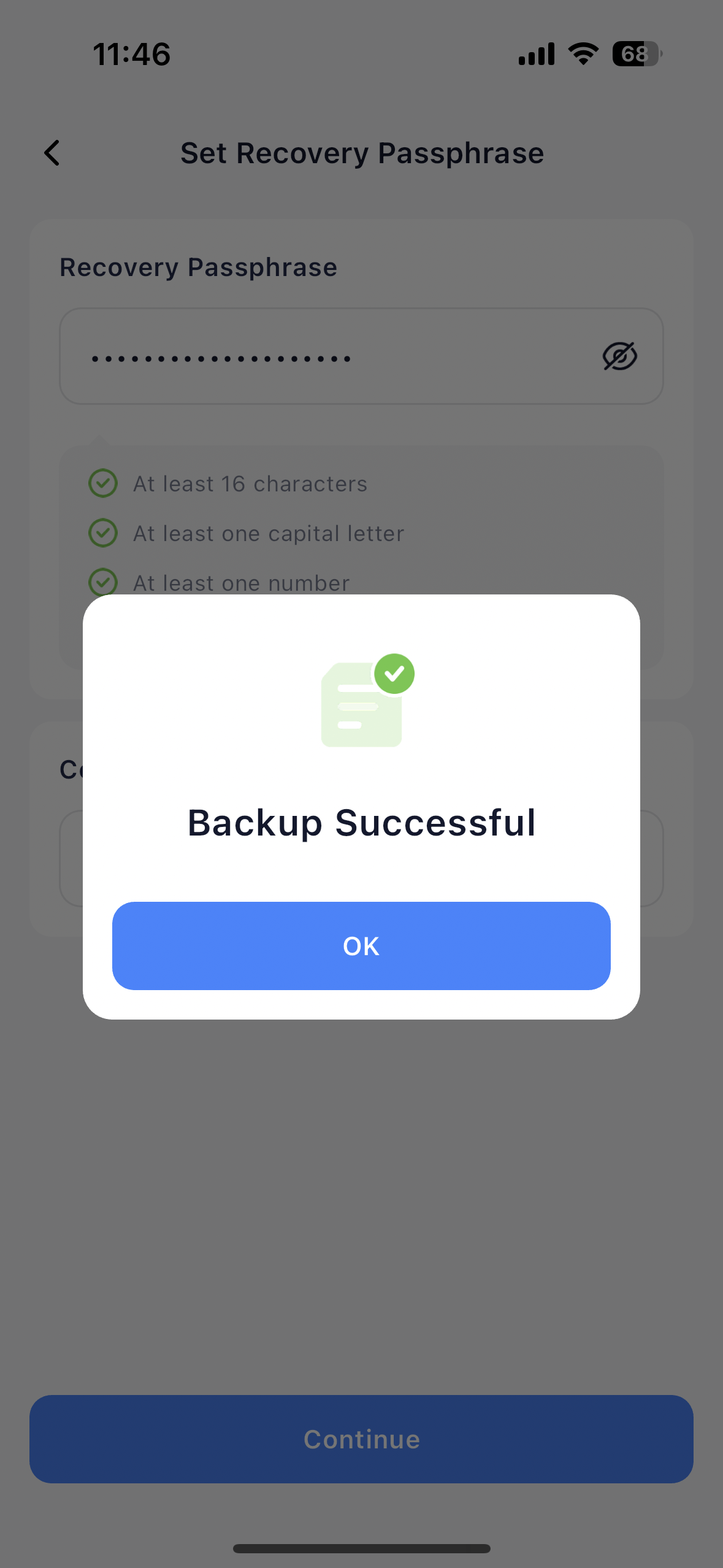 The key share backup completion page