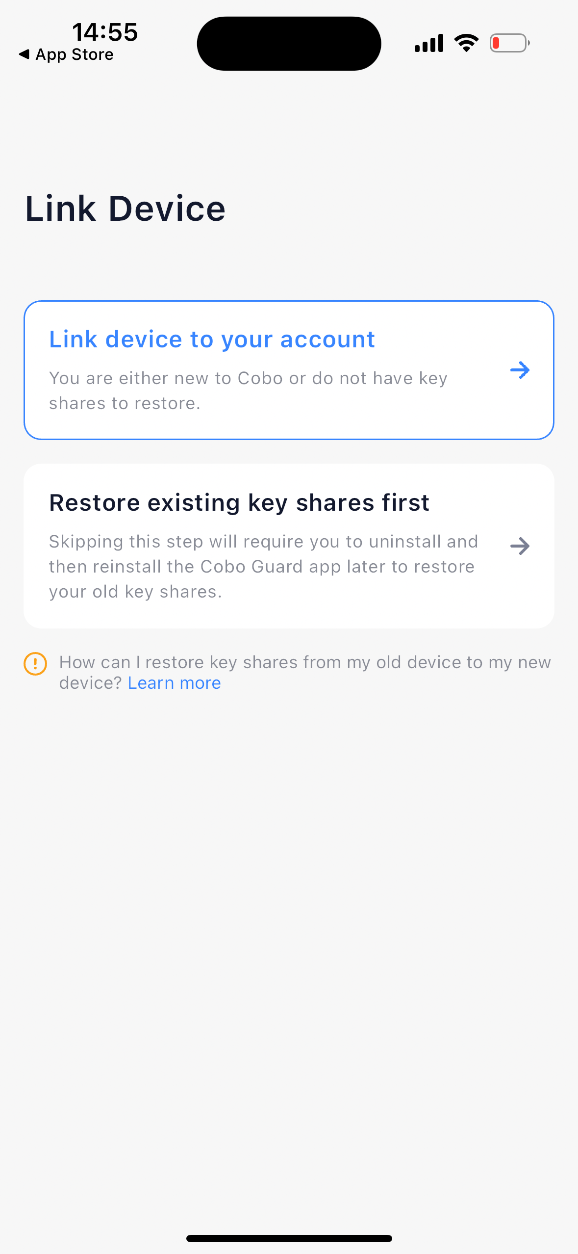 Options of whether to restore key shares