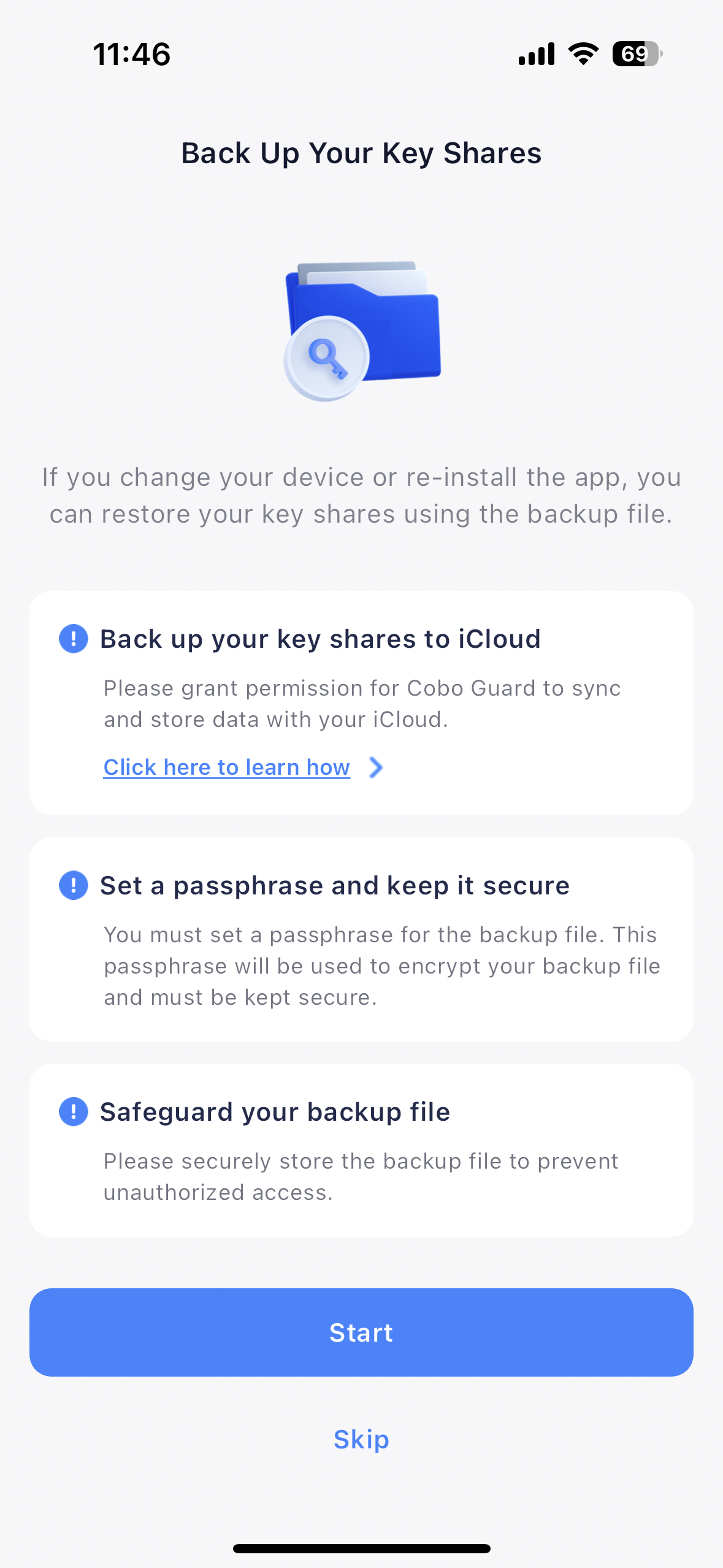 The key share backup page