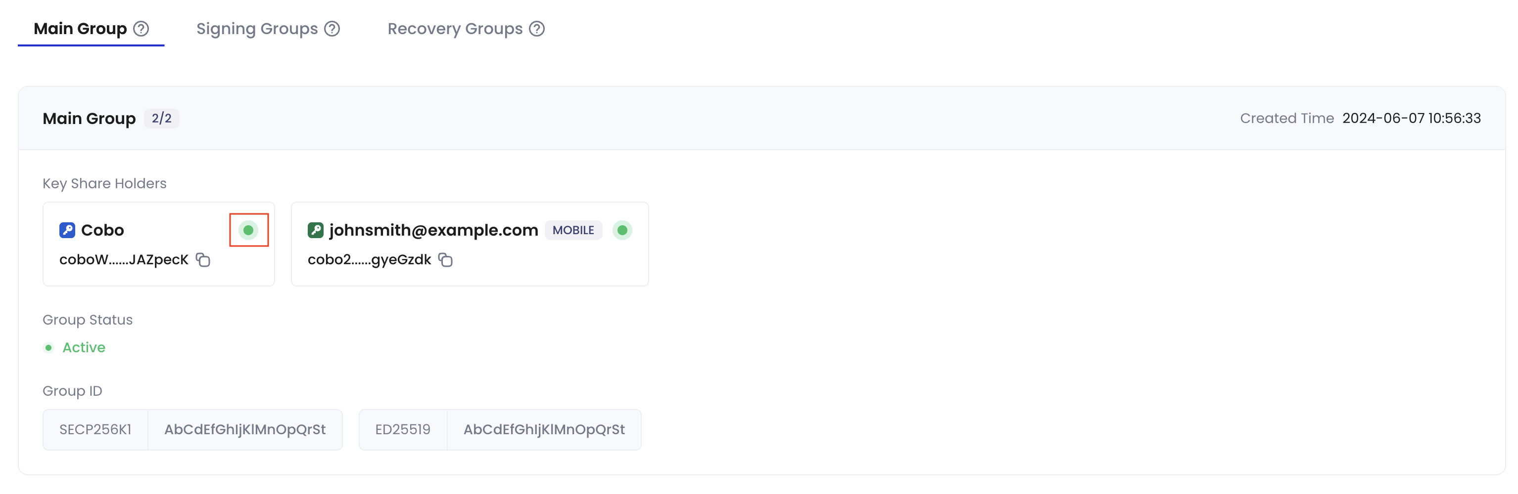 Key Share Management page showing co-signer status