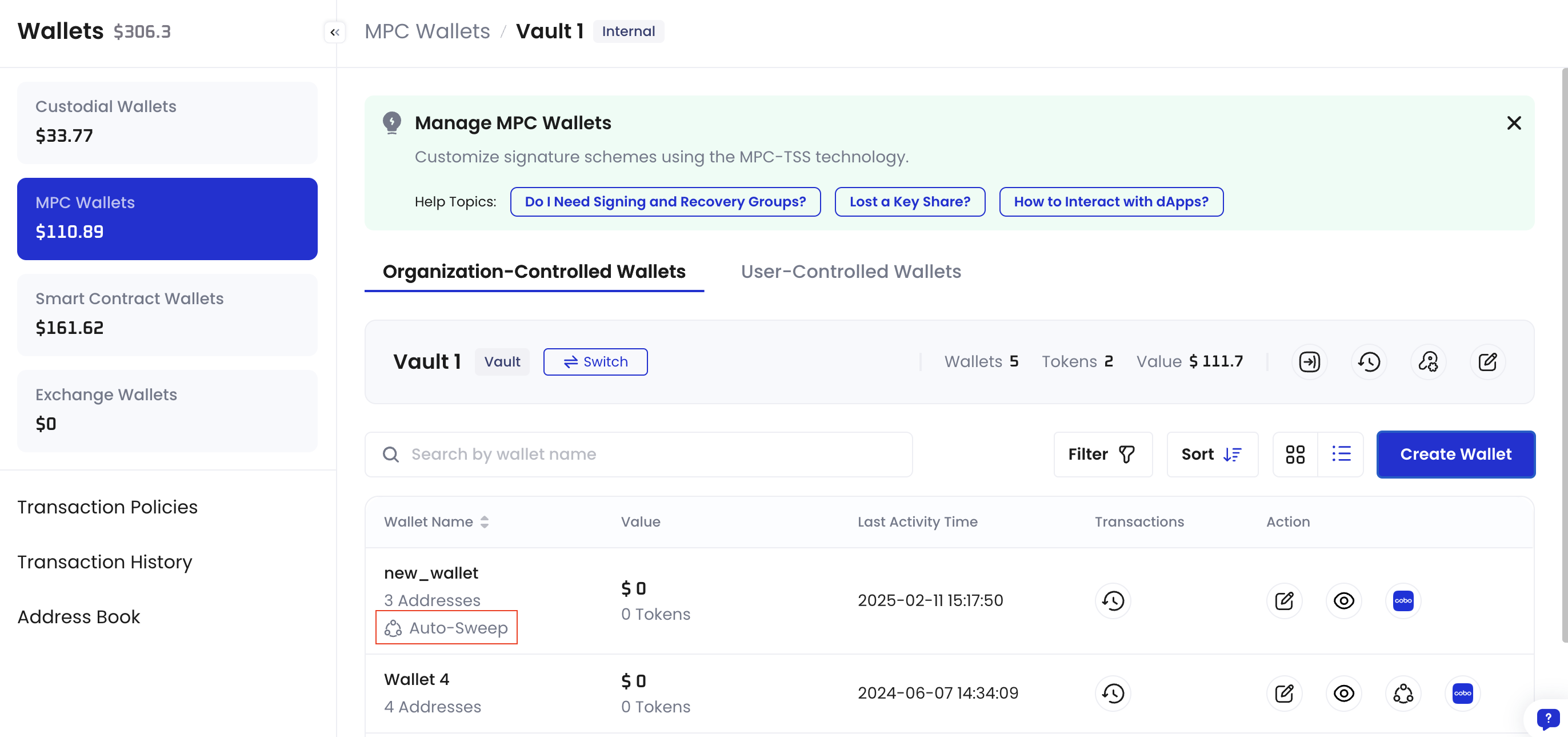 The wallet with Auto-Sweep icon