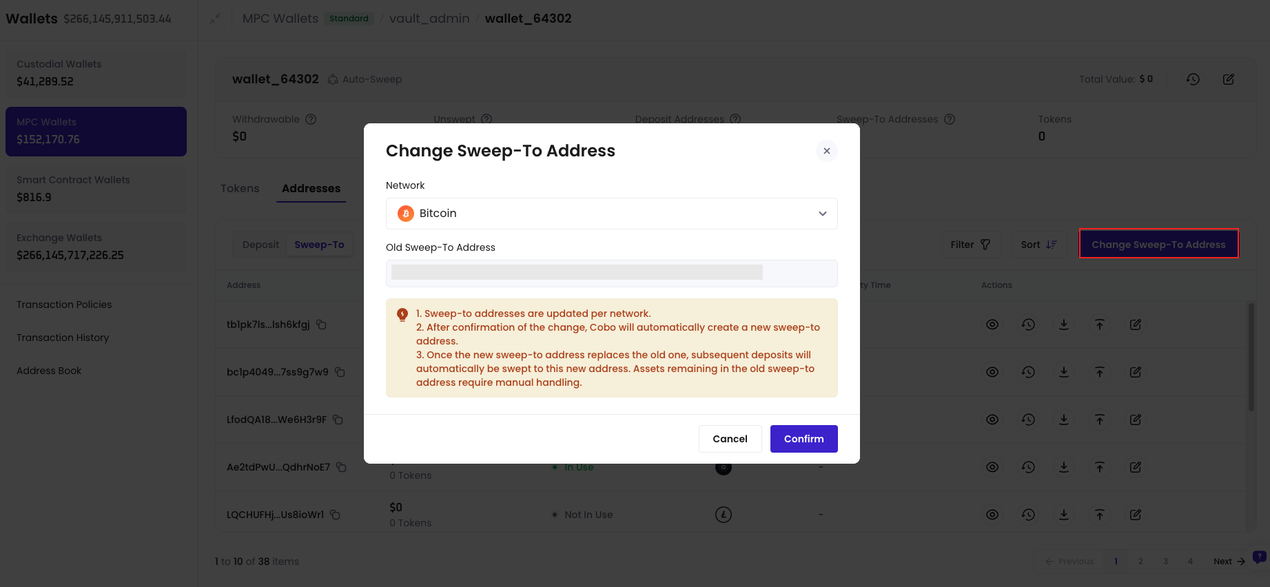 The Change Sweep Address dialog