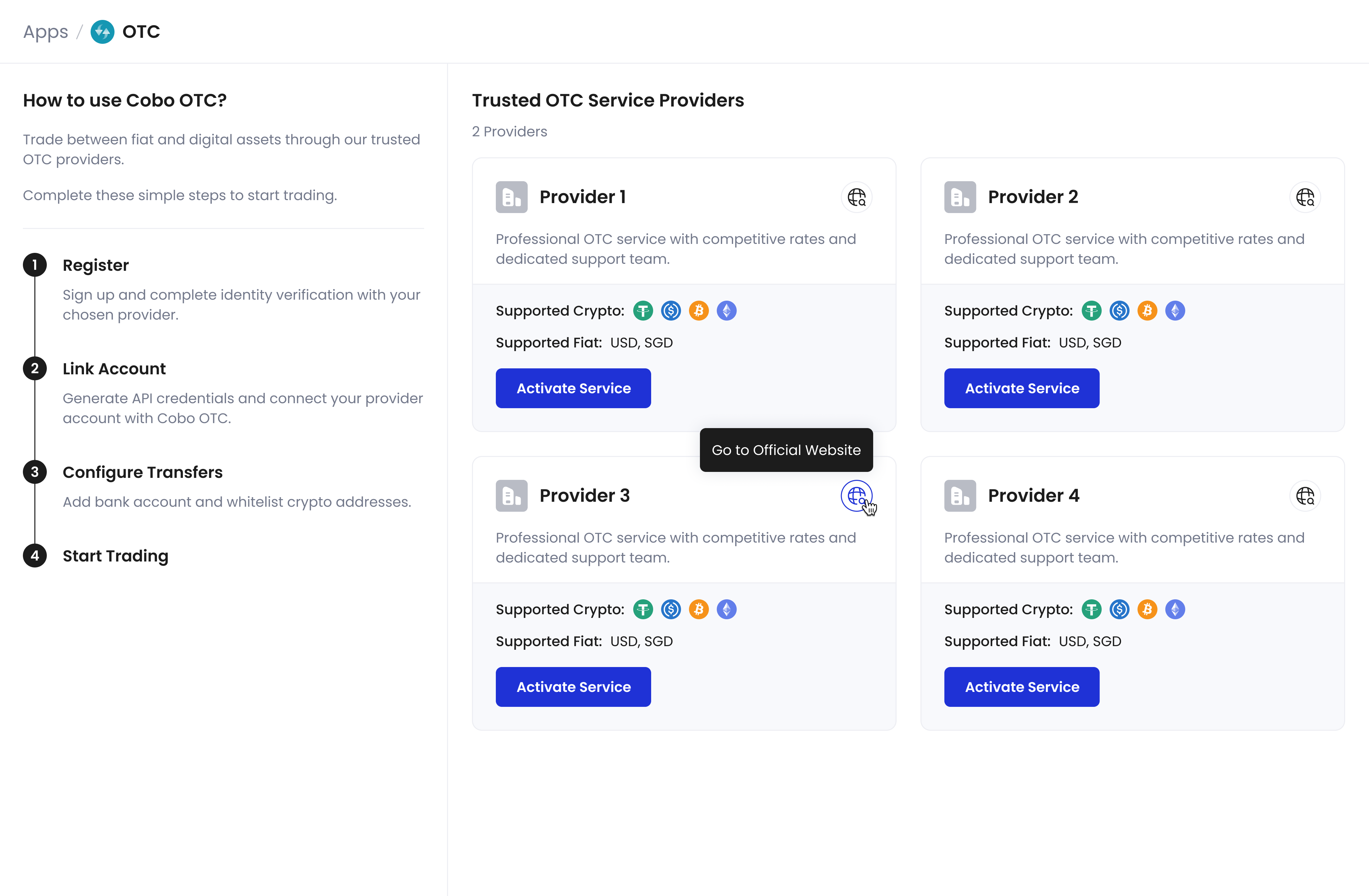 OTC App 首页展示服务商列表