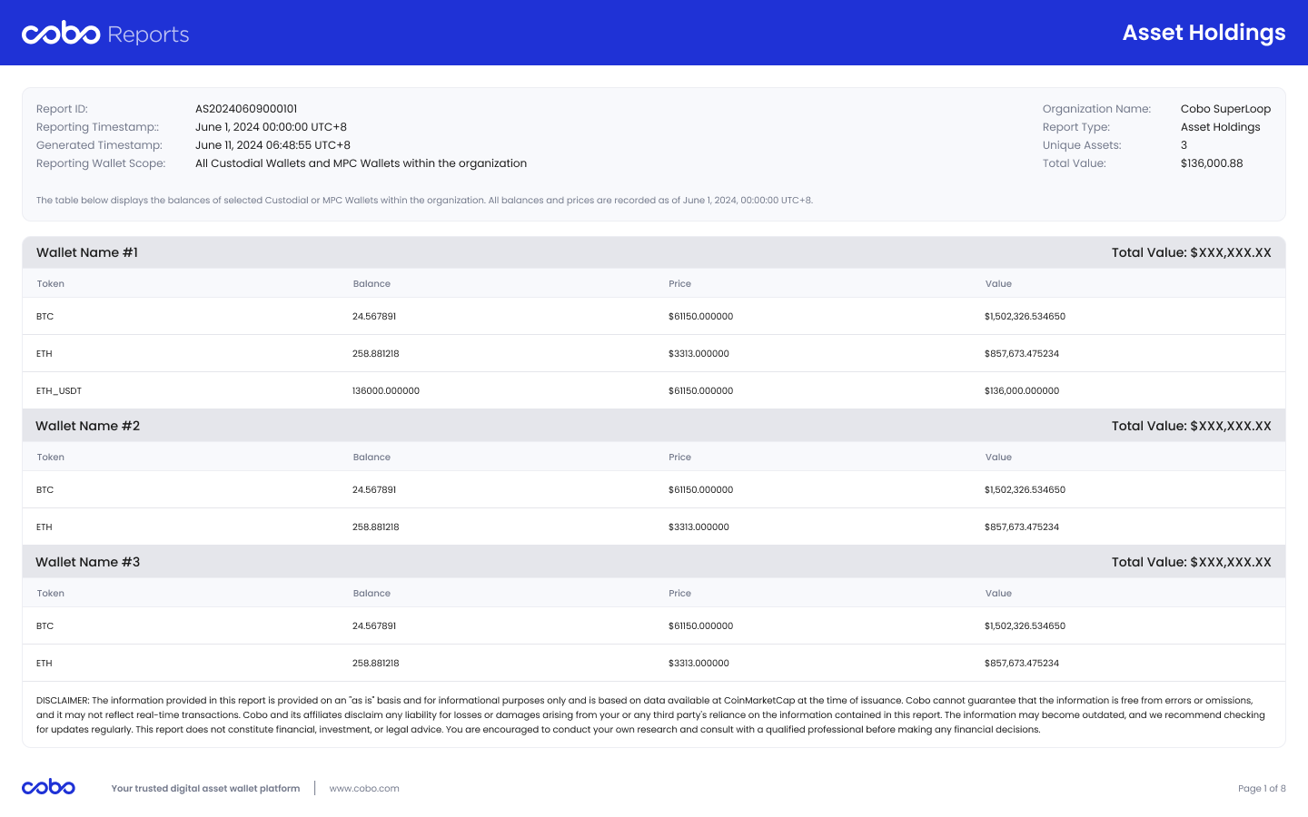 Sample asset holdings report (By Wallets)