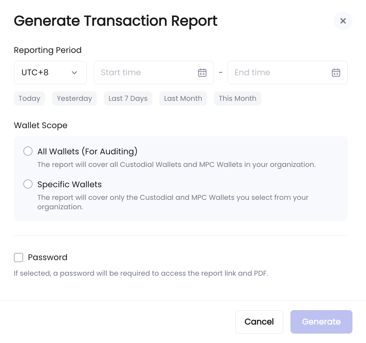 Generate transactions report window