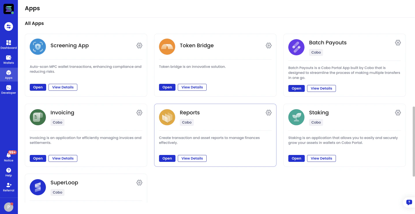 Image showing Reports as a Cobo Portal App.