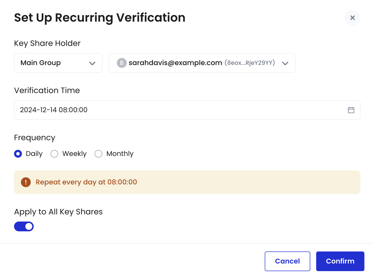 Set up recurring key share verification