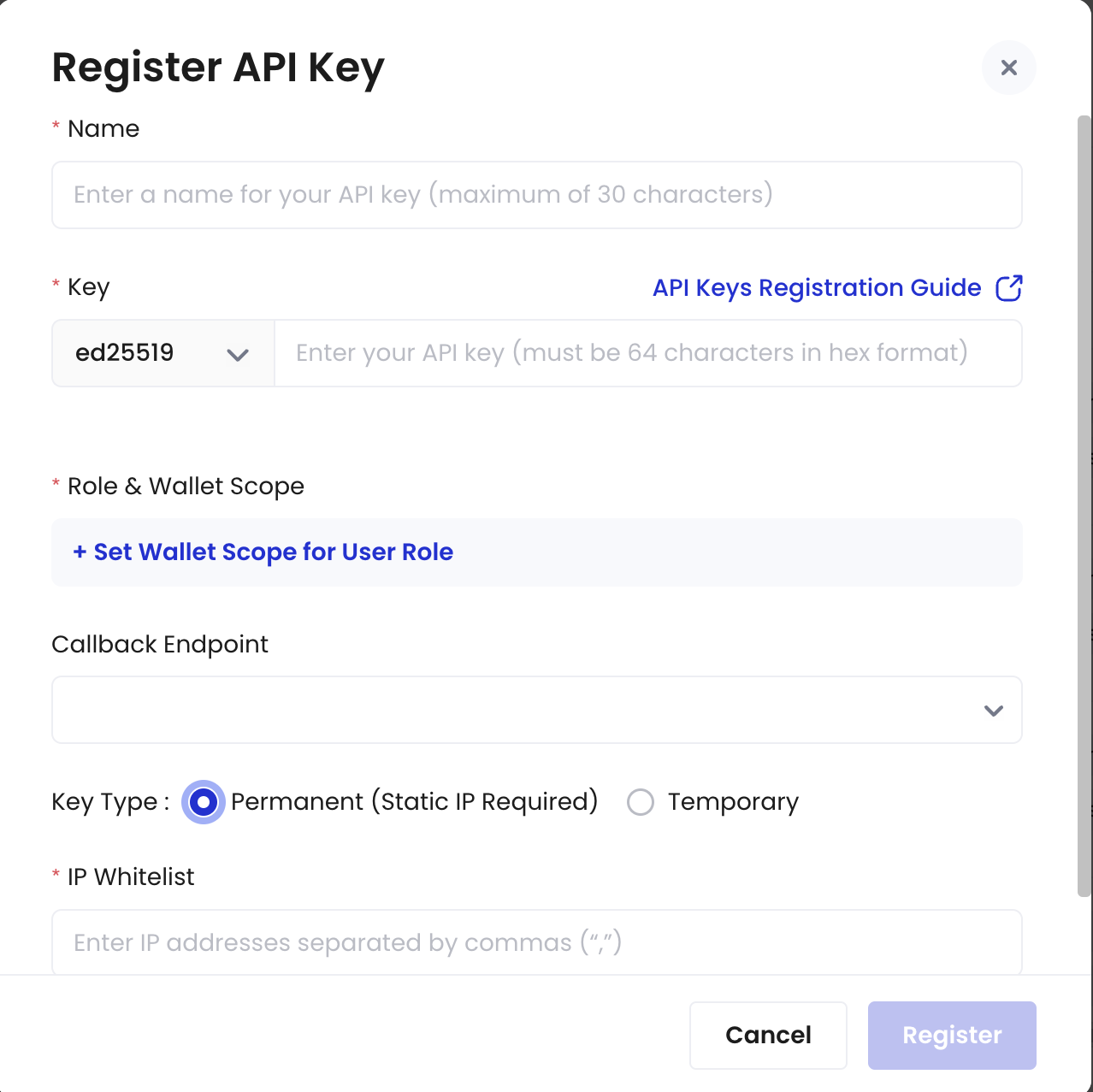 The Register API key dialog