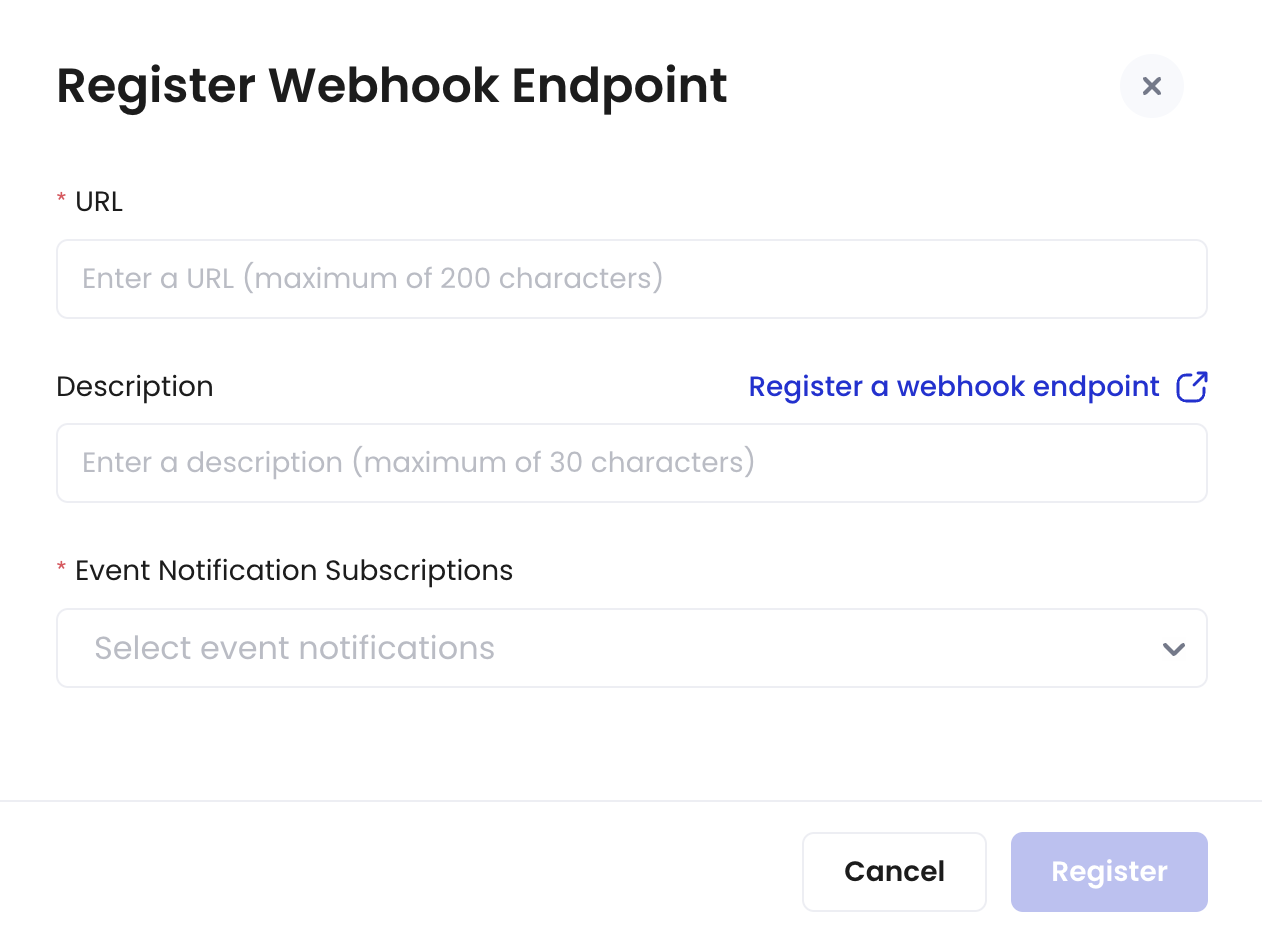 The Register webhook endpoint dialog