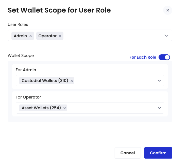The Set Wallet Scope for User Role dialog