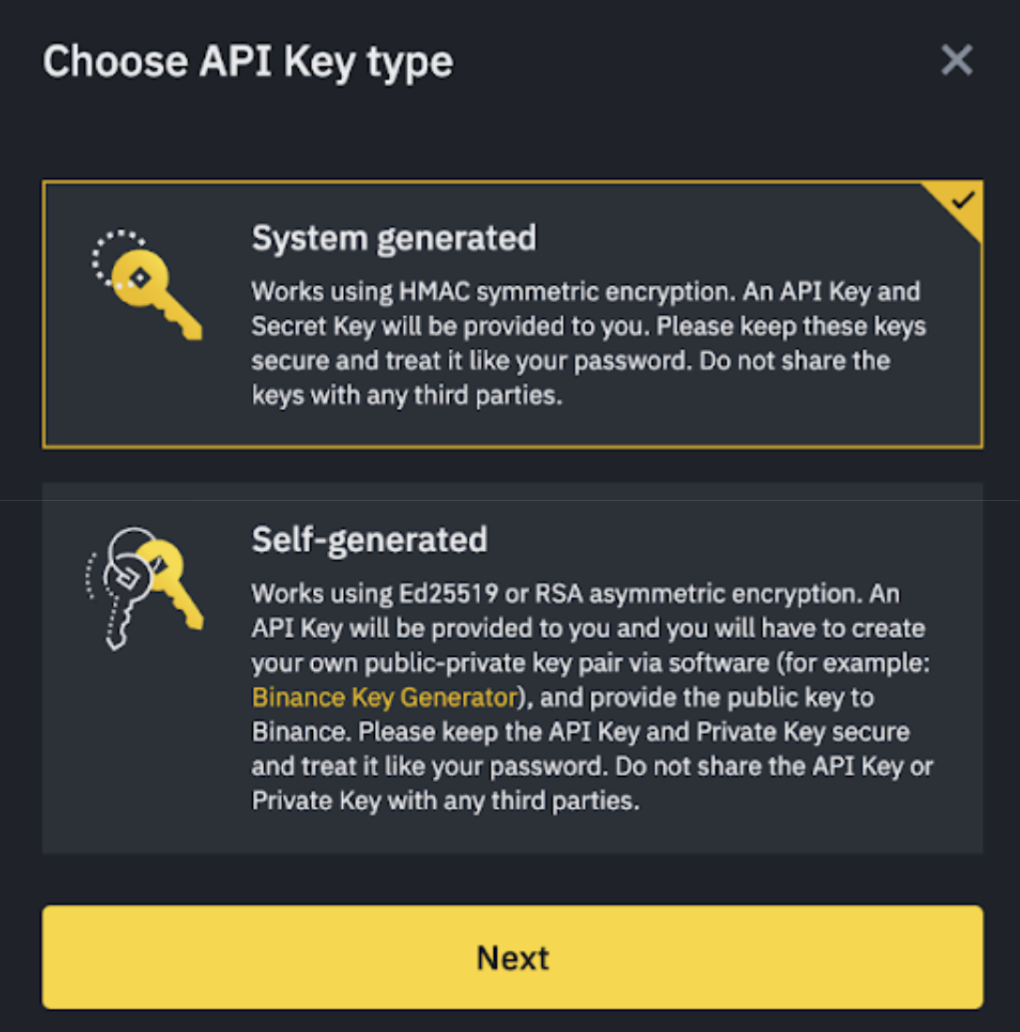 The Choose API Key Type dialog