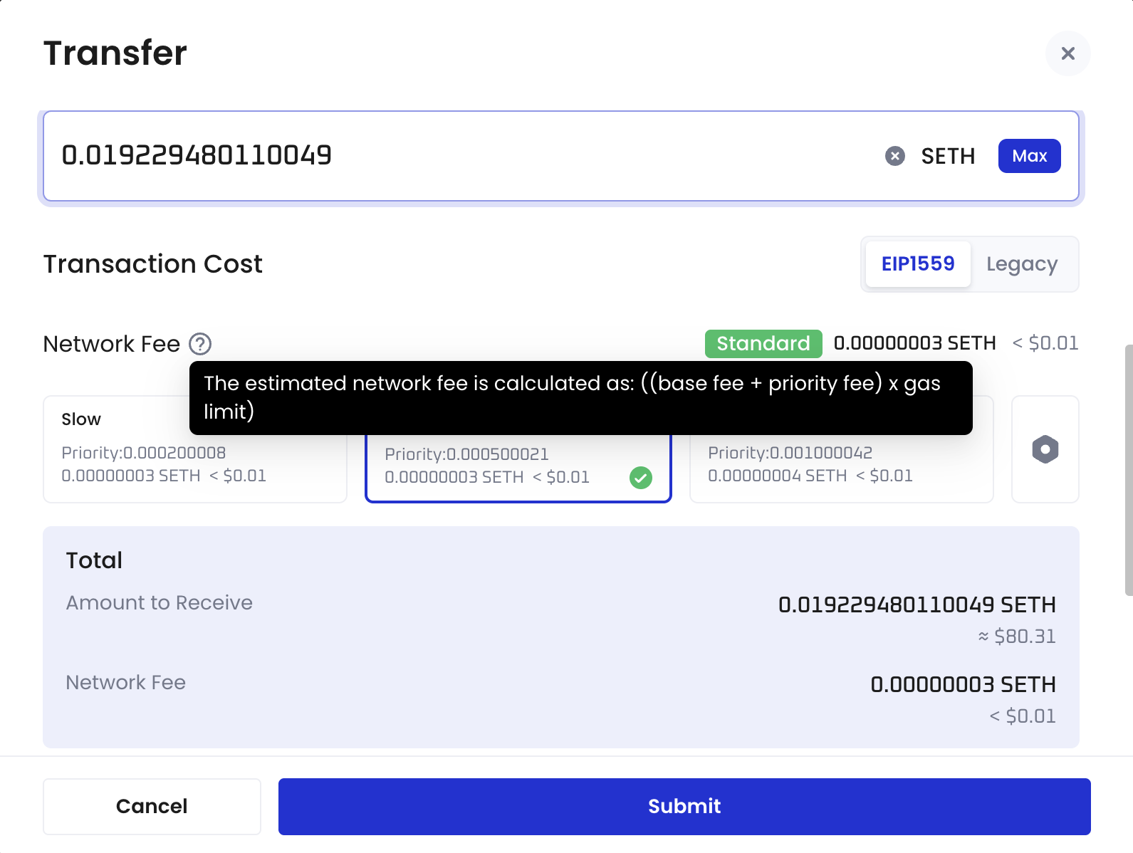 Fee calculation formula