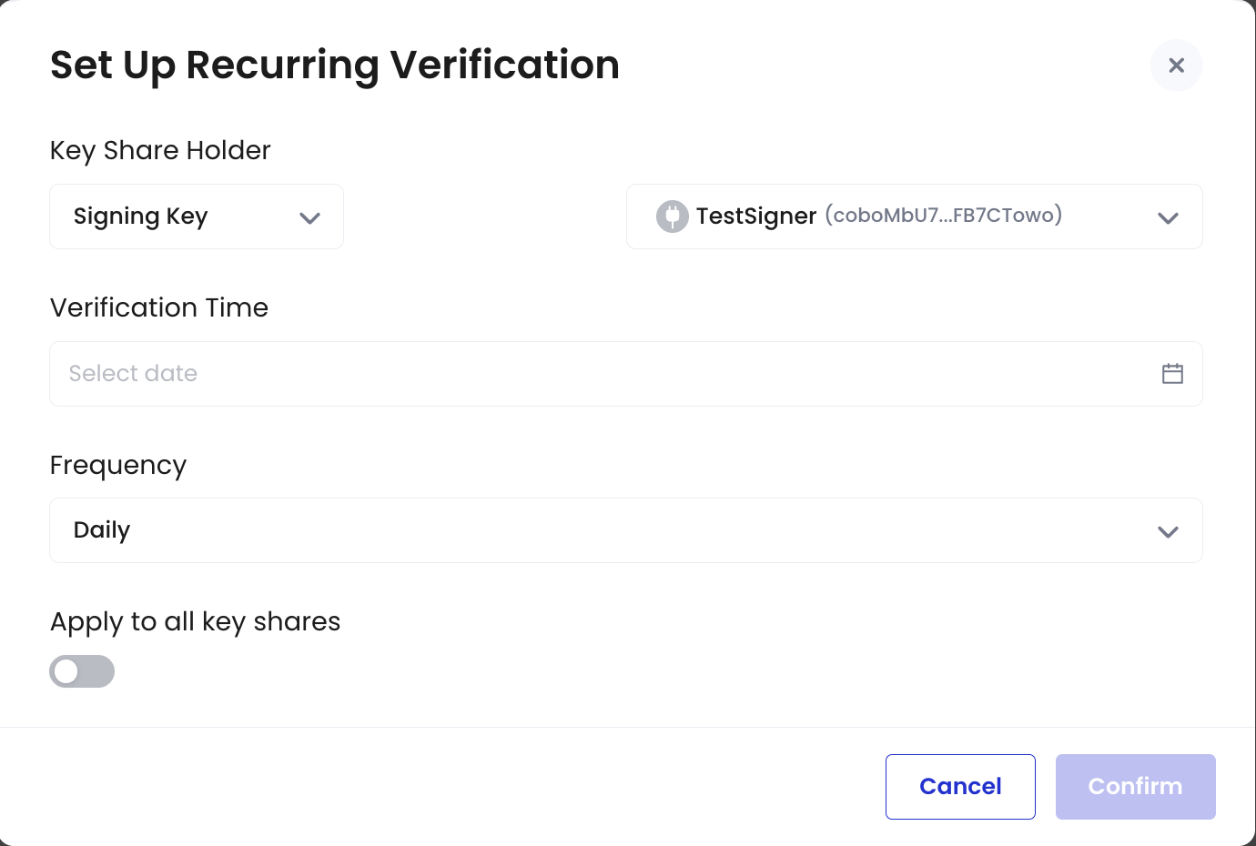 Set up recurring key share verification