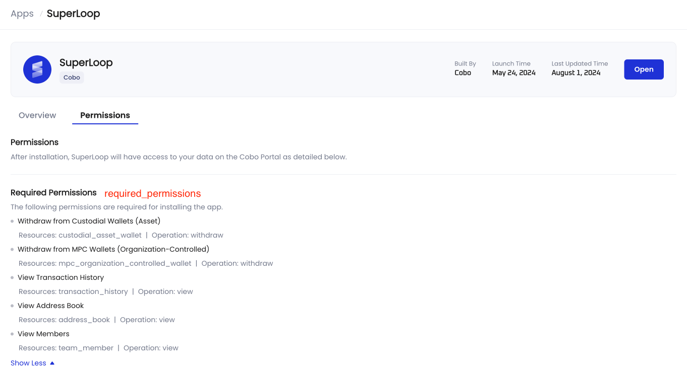 The Permissions tab of the App Details page