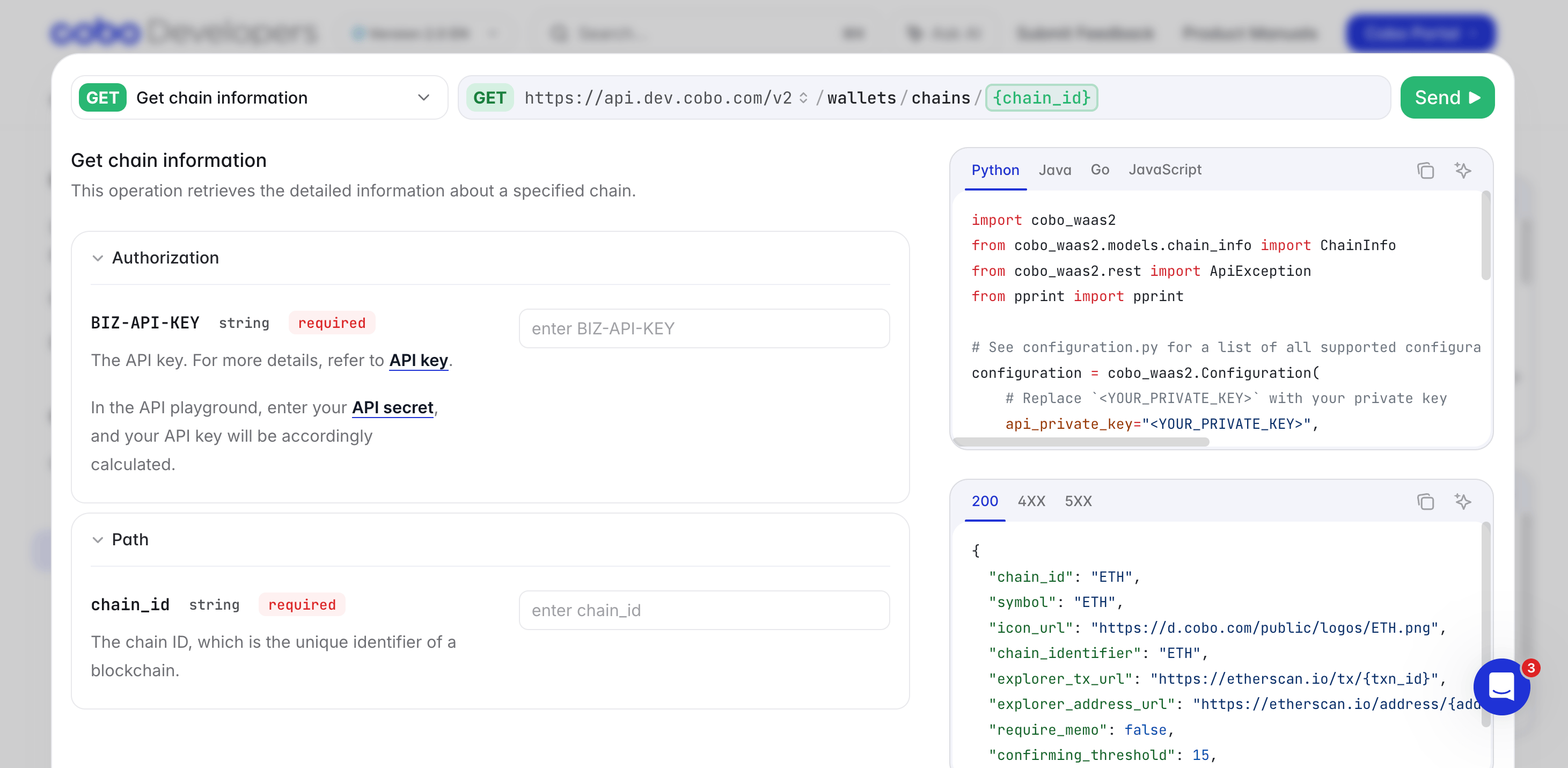 API Playground panel