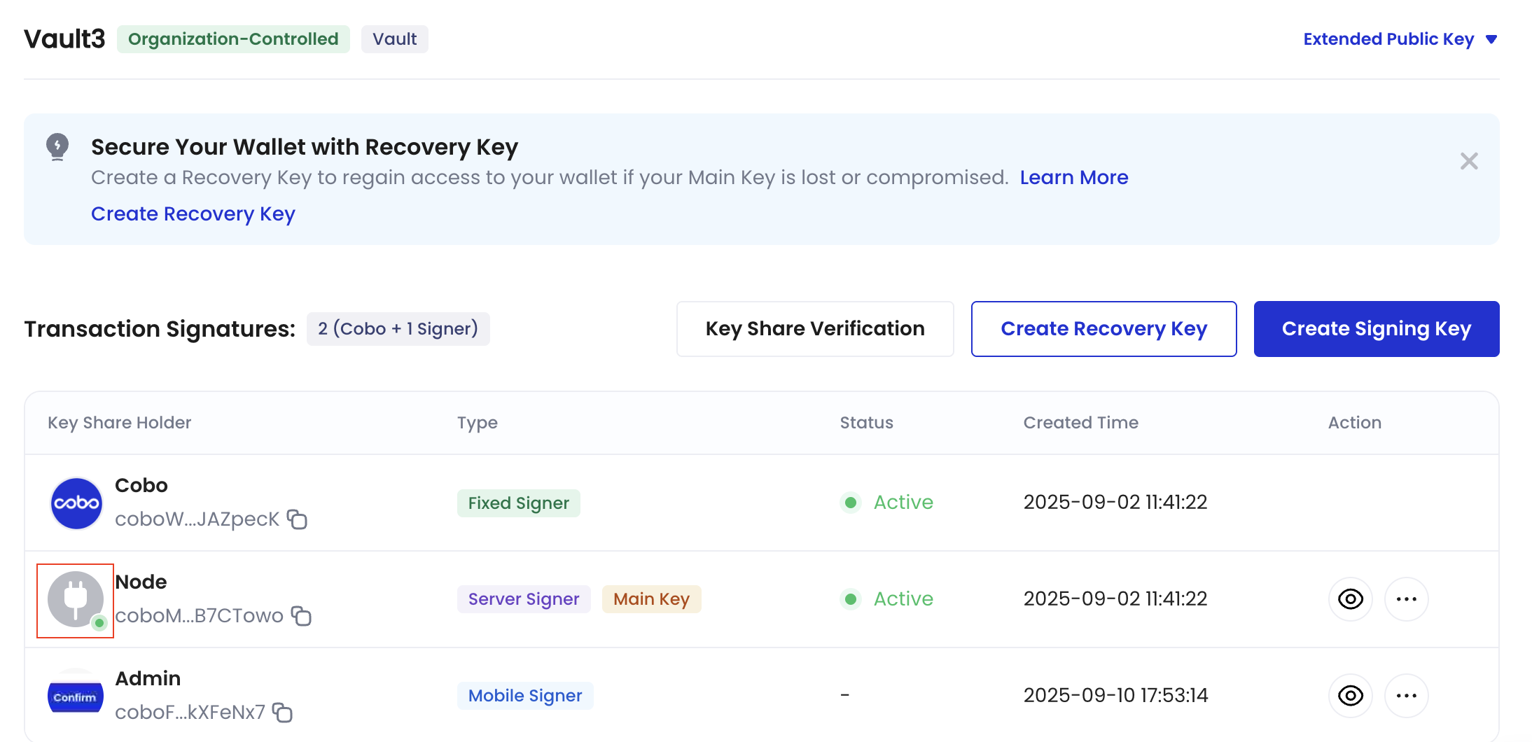 Key Share Management page showing signer status