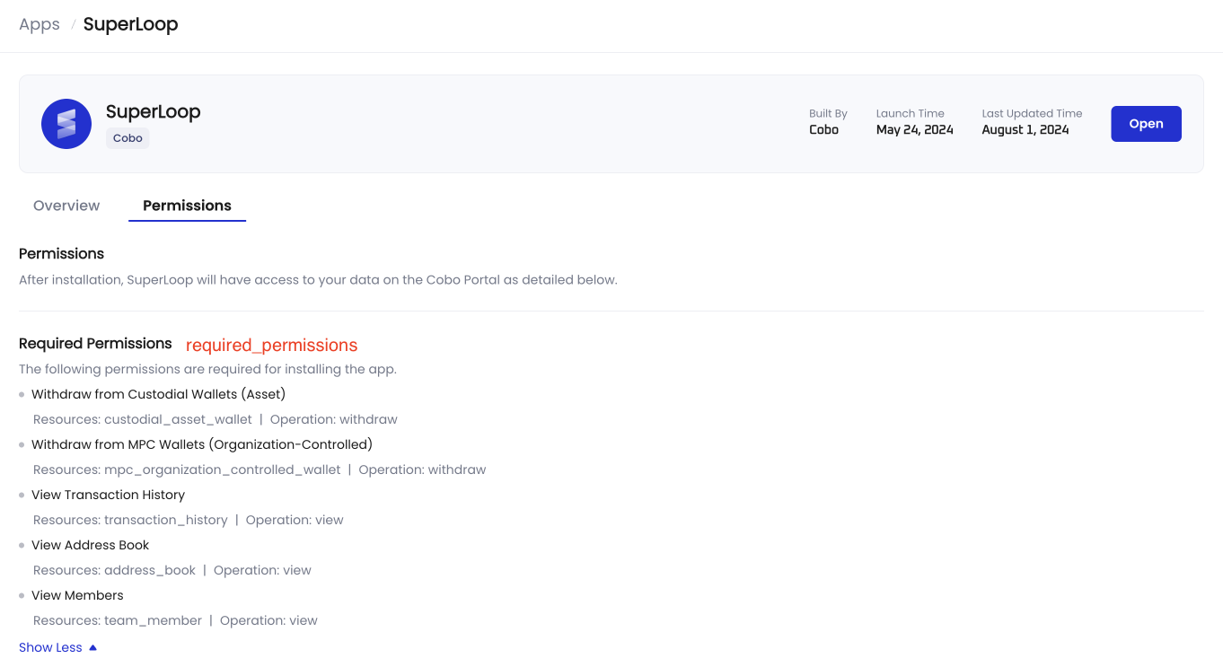 The Permissions tab of the App Details page