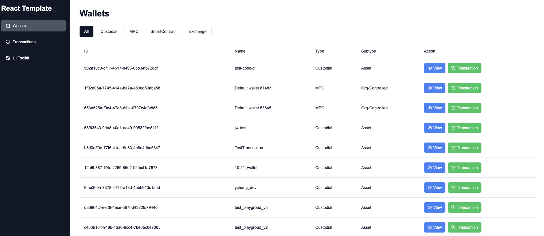The frontend preview with wallets and transactions